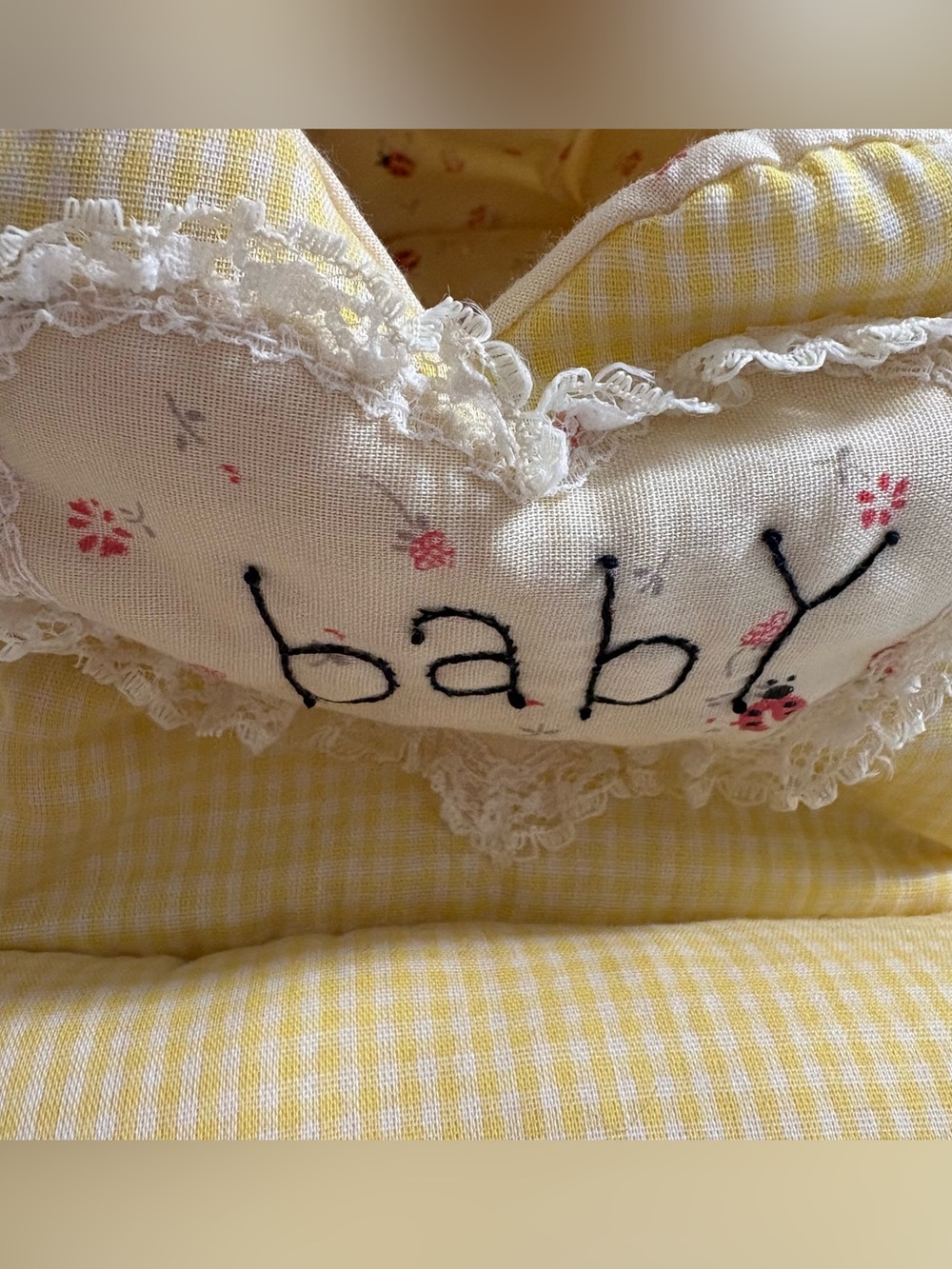 Vintage Handmade Baby Doll Bed Bassinet & Doll Cuddle Plush Yellow Lace Gingham - Picture 10 of 13